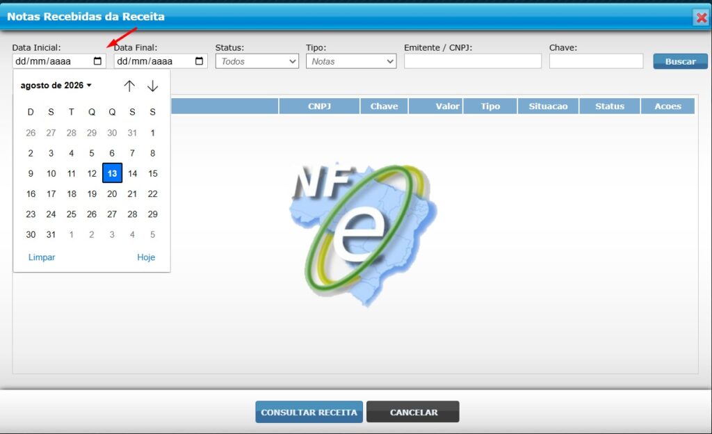 Defina a Data Inicial para busca automática de XML