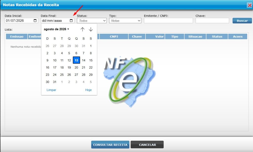 Defina a Data Final da consulta de XML