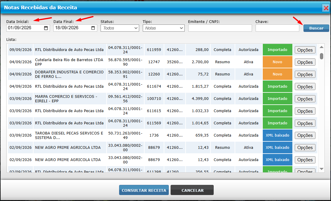 Filtro de datas para consulta de notas fiscais