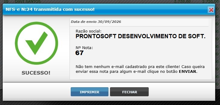 NFS-e emitida após a transmissão e autorização da prefeitura no Prontosoft