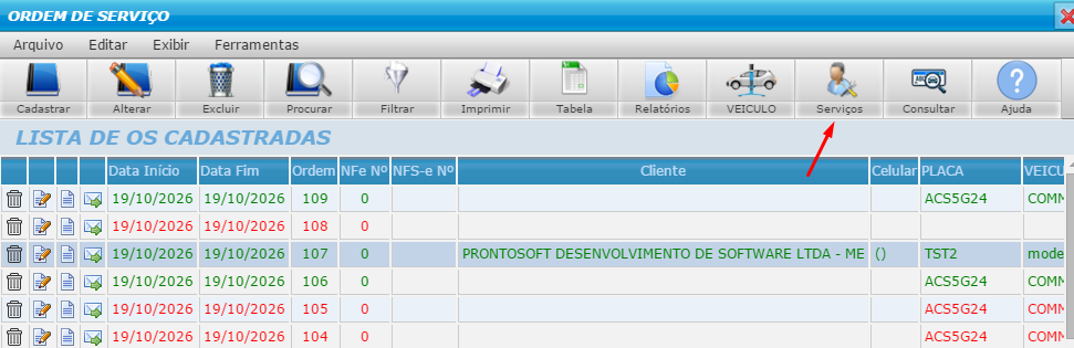Acessando a opção de serviços na tela de Ordem de Serviço do Prontosoft