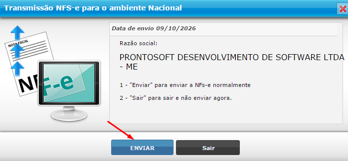 Tela de transmissão da NFS-e com a opção ENVIAR no Prontosoft