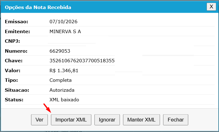 Botão Importar XML na tela de opções da nota