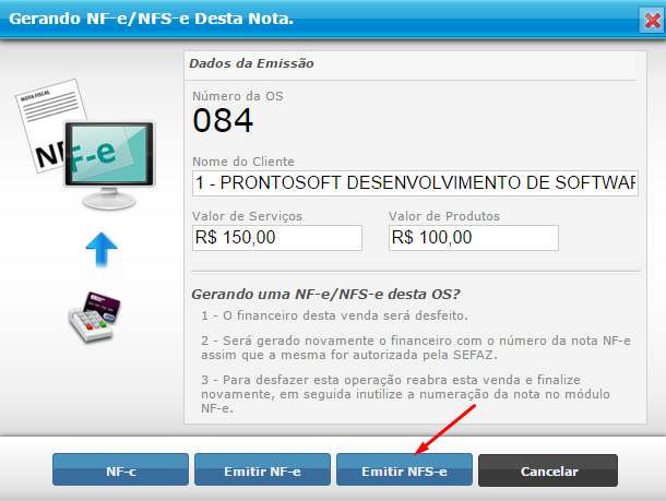 Opção Emitir NFS-e para gerar nota fiscal de serviço no Prontosoft