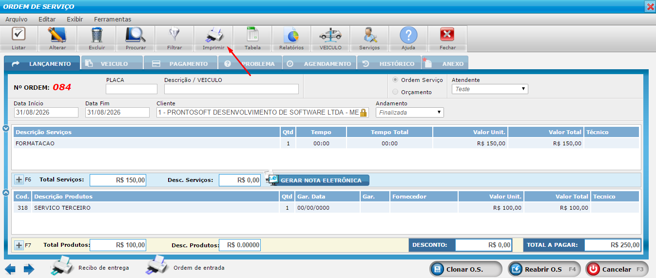 Opção de impressão da ordem de serviço no Prontosoft