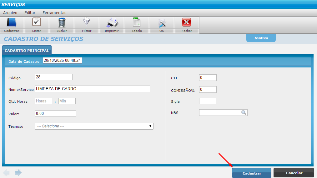 Finalizando o cadastro de um serviço no Prontosoft