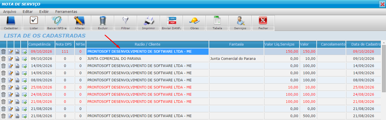 Lista de notas fiscais de serviço geradas no Prontosoft