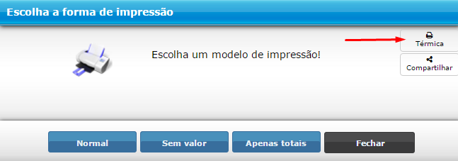Selecionando a impressão térmica para imprimir ordem de serviço em cupom