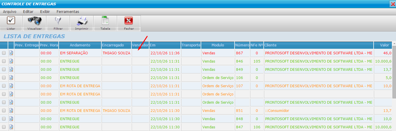 Lista de entregas cadastradas no Prontosoft para localizar o registro gerado
