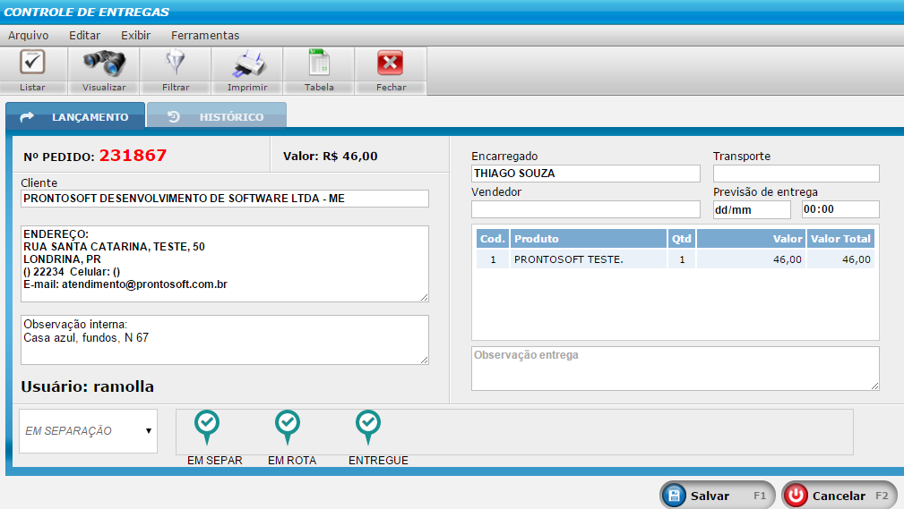 Tela de detalhes da entrega gerada no Prontosoft para conferência dos dados