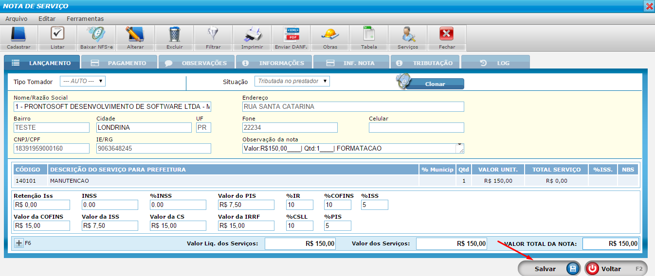 Botão SALVAR para registrar os dados da NFS-e no Prontosoft