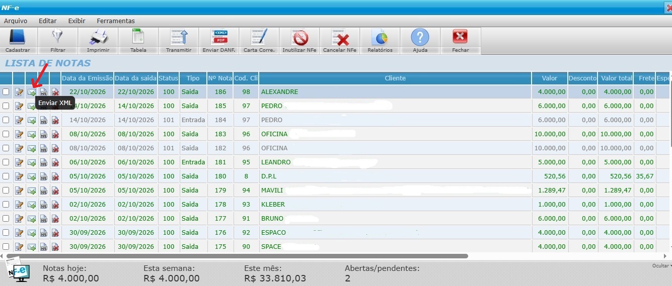 Localização da NF-e e acesso ao botão Enviar XML no Prontosoft