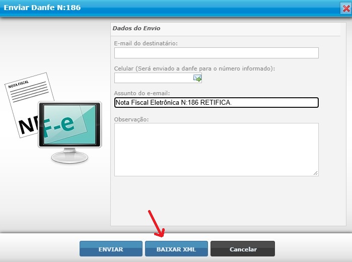 Opção BAIXAR XML para fazer o download do arquivo da NF-e no Prontosoft